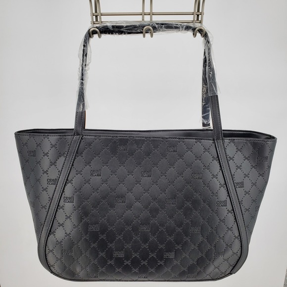 Cavalli Class Sandra Shopper Tote Bag Black Debossed Designer Handbag - Picture 2 of 10